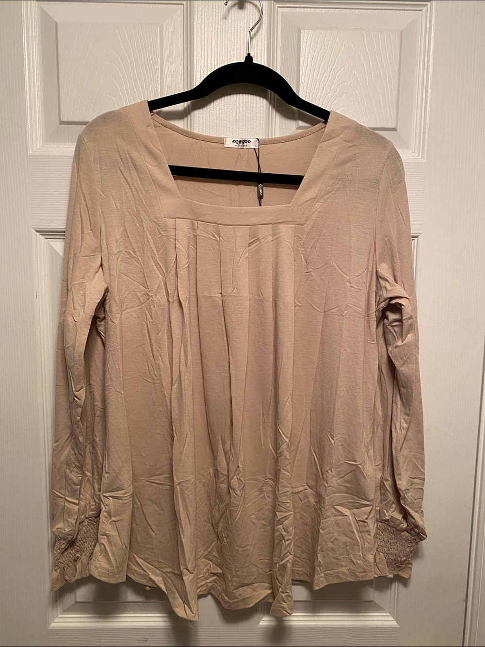 zeagoo Beige Long Sleeve Square Neck Blouse with Curved Hem…size L